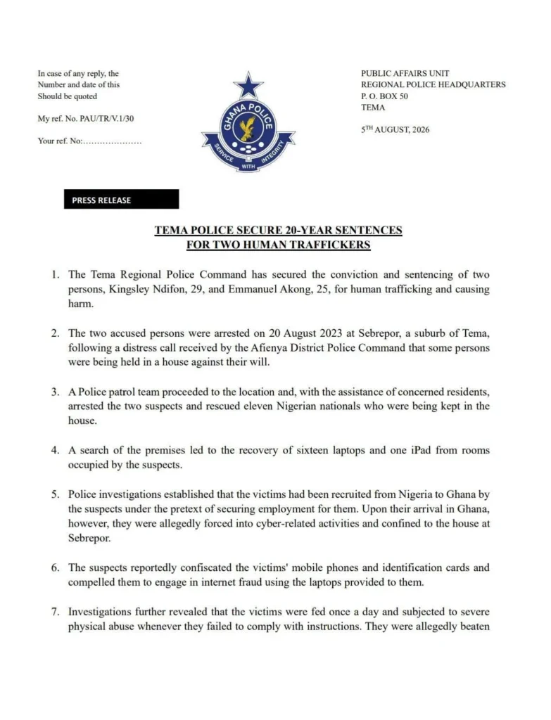 Ghanaian court jails two Nigerians 40 years for human trafficking, cybercrime Ghanaian court jails two Nigerians 40 years for human trafficking, cybercrime
