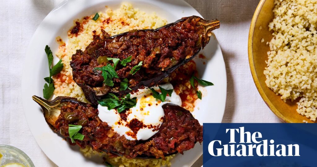 Thomasina Miers’ recipes for spiced lamb-stuffed aubergine with aleppo chilli butter, and berry ripple ice-cream | Lamb